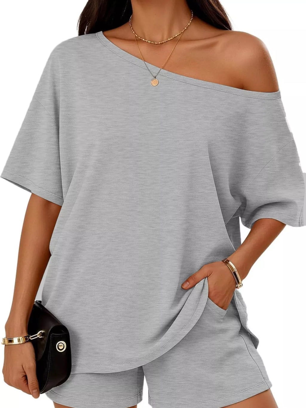 Plus size one-shoulder top and shorts set by Plush Fashion Hub, casual summer outfit, featuring a stylish shoulder detail and comfortable fit.