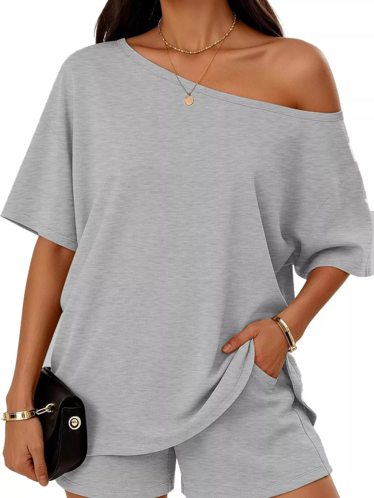 Plus size one shoulder top and shorts set by Plush Fashion Hub, featuring a stylish, coordinated outfit for casualwear.