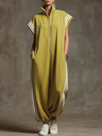 Fashionable Stripe Zipper Stand Collar Jumpsuit for Spring and Summer