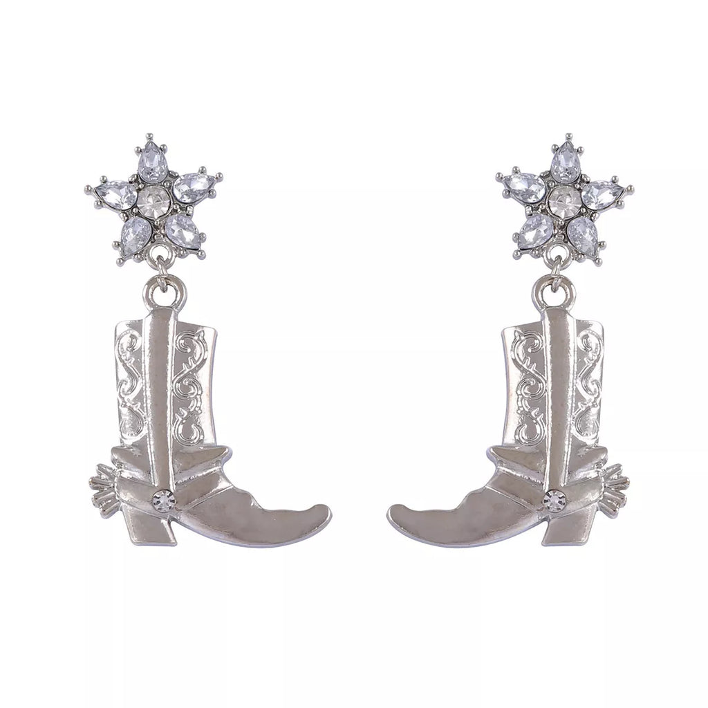 Western style boot dangle earrings with intricate design, crafted by Shopimist, hanging from silver hooks.