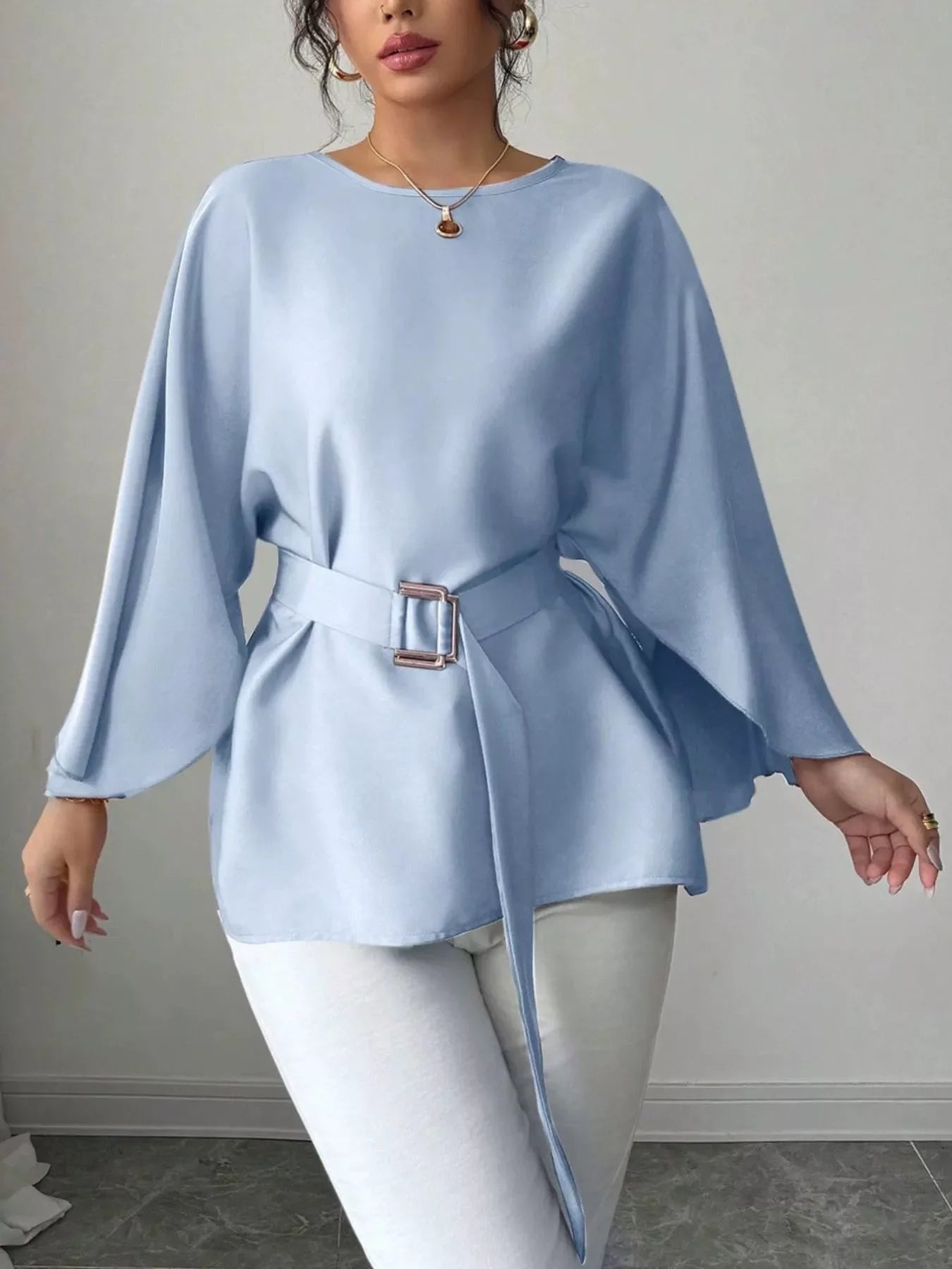 Plush Fashion Hub batwing sleeve belted blouse with relaxed fit and stylish design, shown in the product image.