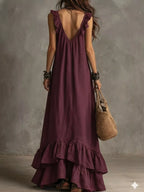 Shopimist ruffled sleeveless maxi dress with flowing fabric and tiered design, perfect for summer or casual wear.