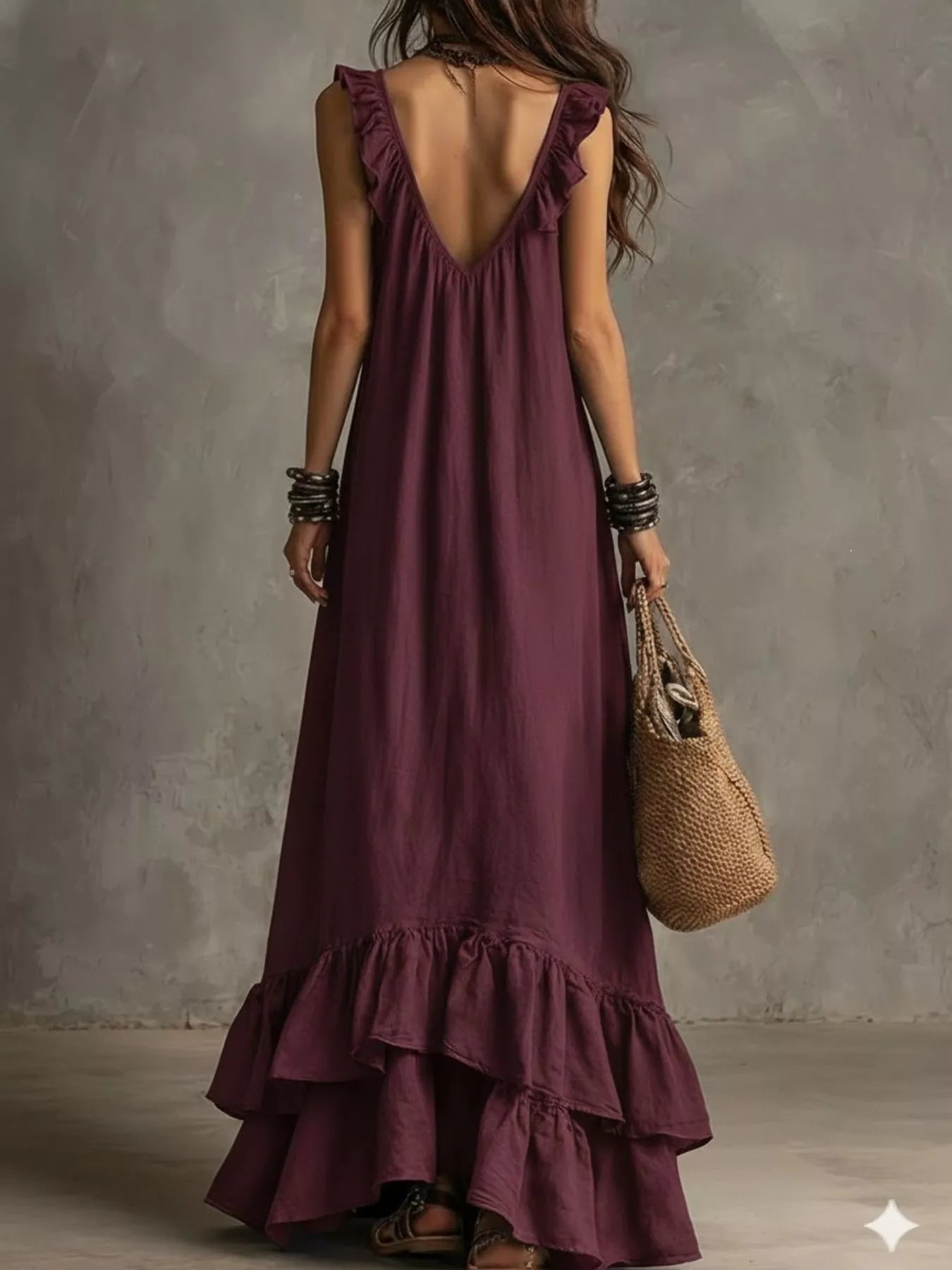Shopimist ruffled sleeveless maxi dress with flowing fabric and tiered design, perfect for summer or casual wear.