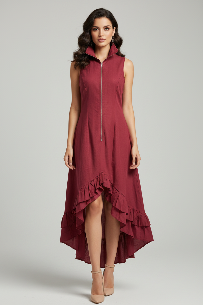 Plush Fashion Hub boho dress with lapel collar, zip-front, ruffle hem, flowing fabric, and floral print.