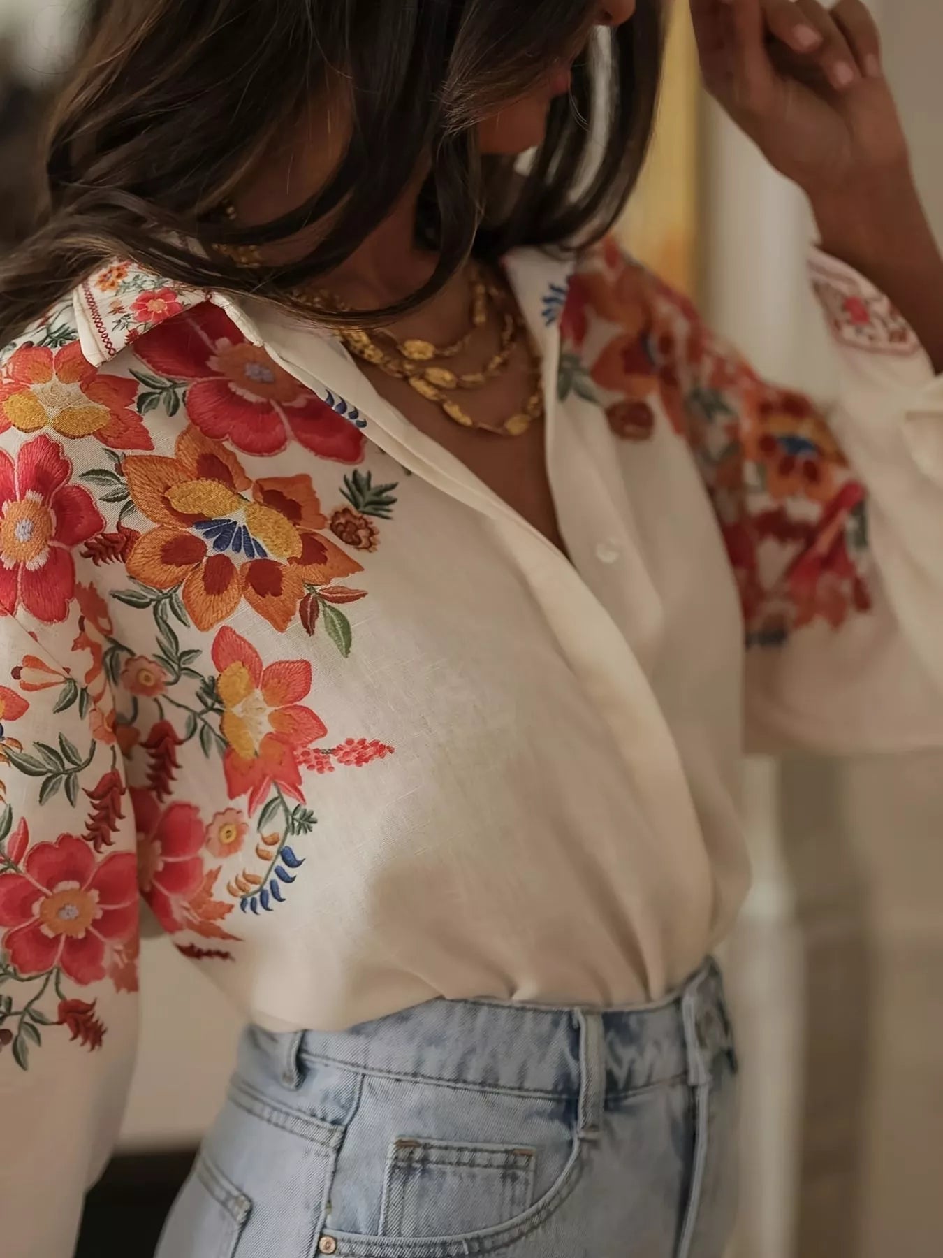 Floral print button-up shirt from Plush Fashion Hub, featuring a vibrant floral design, long sleeves, and a classic collar.