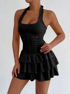 Halter neck ruffle layered dress in soft fabric, featuring a flowy design and plush style from Plush Fashion Hub.