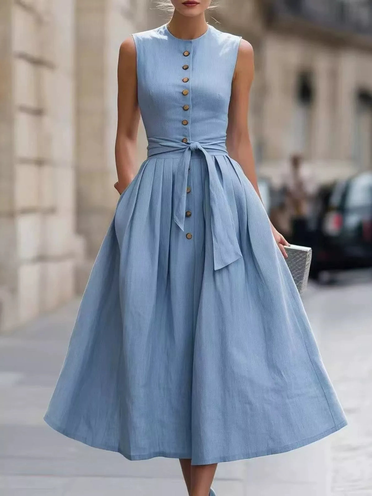 Plus size sleeveless button-front belted midi dress by Trendsi, showcasing the full length, front buttons, and waist belt.