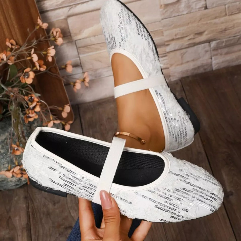 Women's sparkling sequin slip-on flats with round toes, stylish and comfortable shoes by Trendsi, perfect for glamorous casual wear.