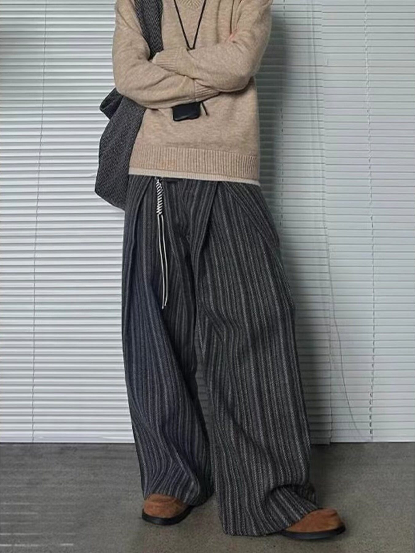 Men's wide leg striped casual trousers by Trendsi, breathable relaxed fit pants with comfortable, stylish design.