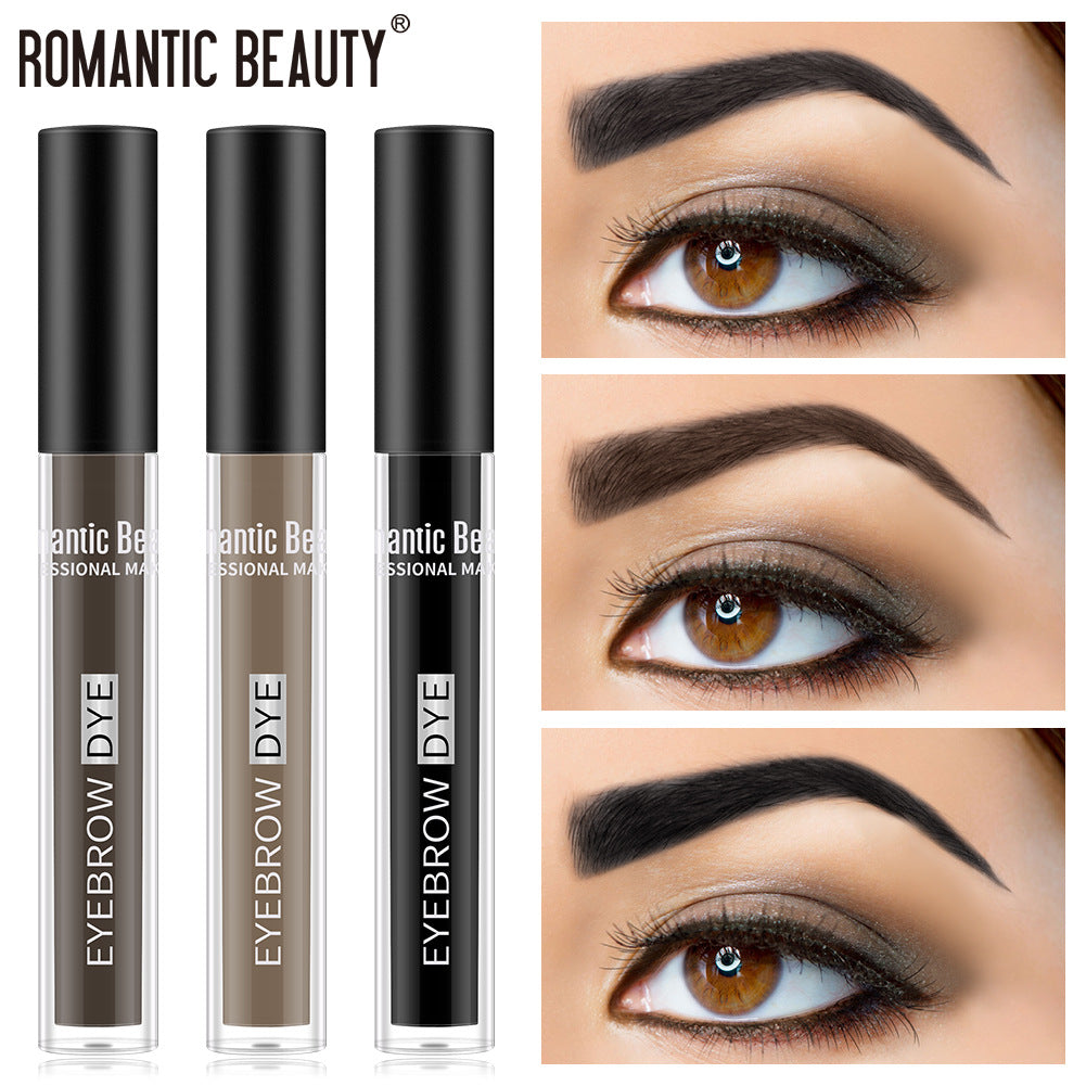 Three Romantic Beauty eyebrow dye tubes in gray, brown, and black, alongside three examples of filled eyebrows.