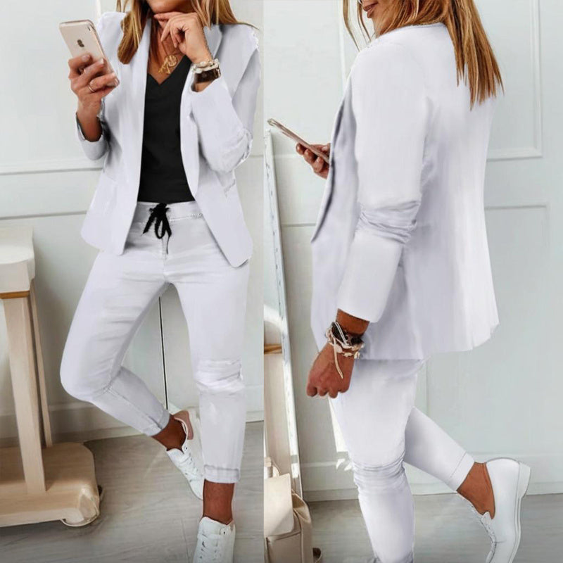 Women’s casual blazer and drawstring pants suit set by FitiqueFit, featuring a notch-lapel blazer and matching relaxed pants.