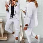 Women’s casual blazer and drawstring pants suit set by FitiqueFit, featuring a notch-lapel blazer and matching relaxed pants.