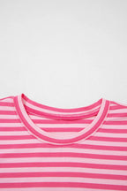 Stripe Drop Shoulder Round Neck Top and Buttoned Straight Pants Two Piece Set