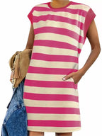 Plus size casual striped short sleeve mini dress by Trendsi, featuring a relaxed fit and stylish design.