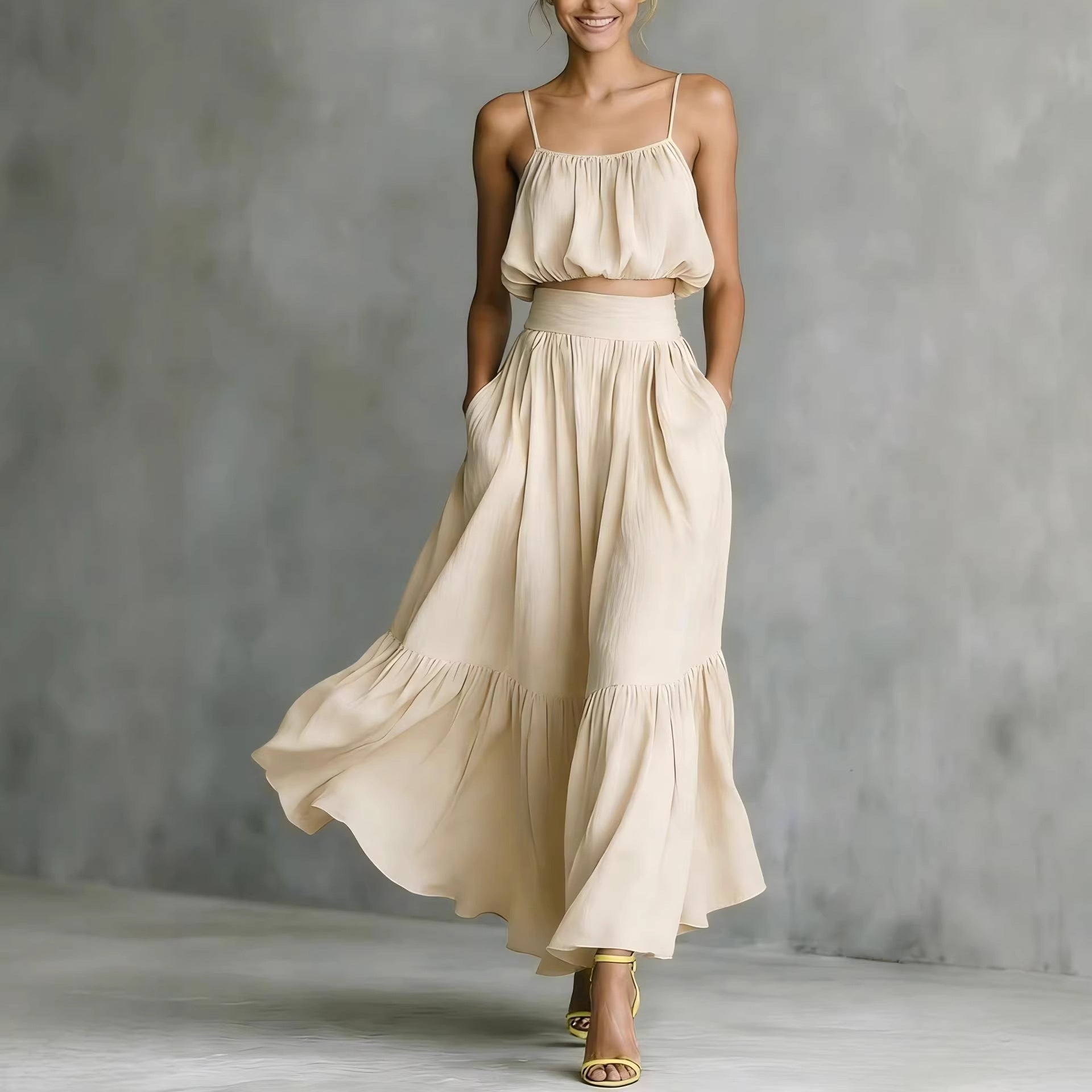 Women’s two-piece flared skirt set by FitiqueFit featuring a high-waist design, perfect for casualwear and elegant style.