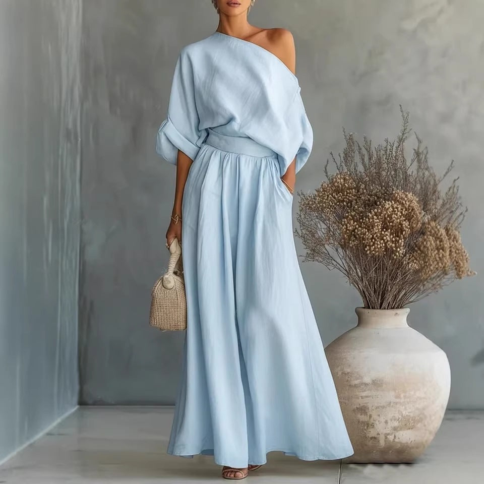 Elegant Fitted Asymmetrical Shoulder Top and Pants Two-Piece Set