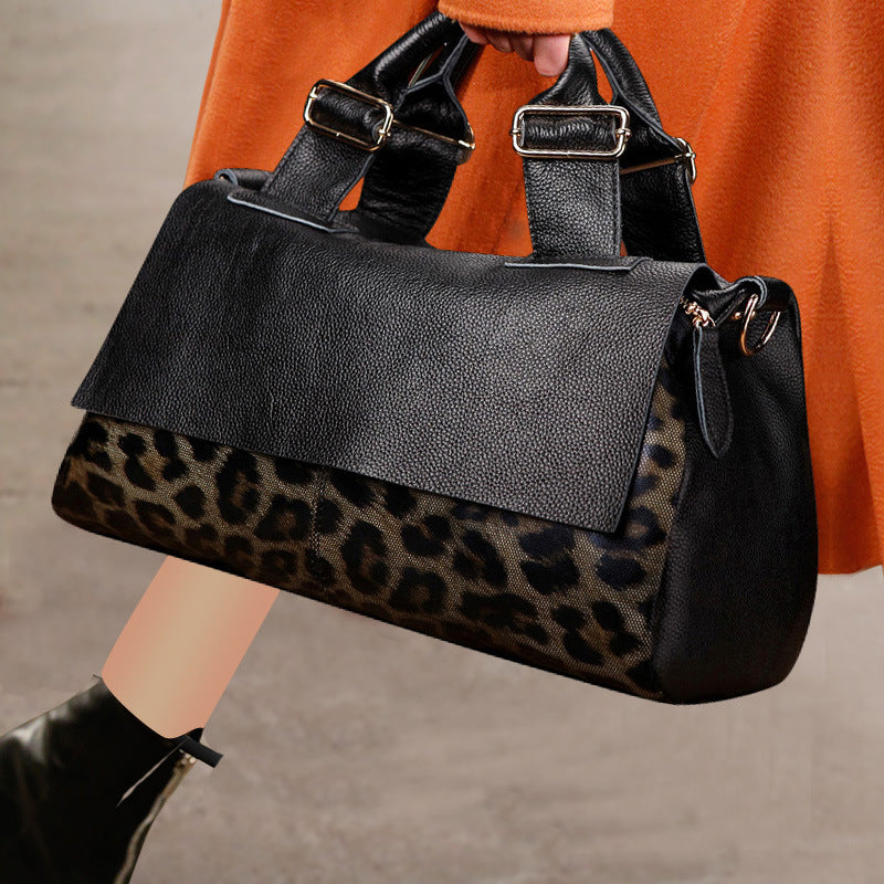 Leopard print genuine leather tote bag for women with large capacity, stylish design, by Plush Fashion Hub.