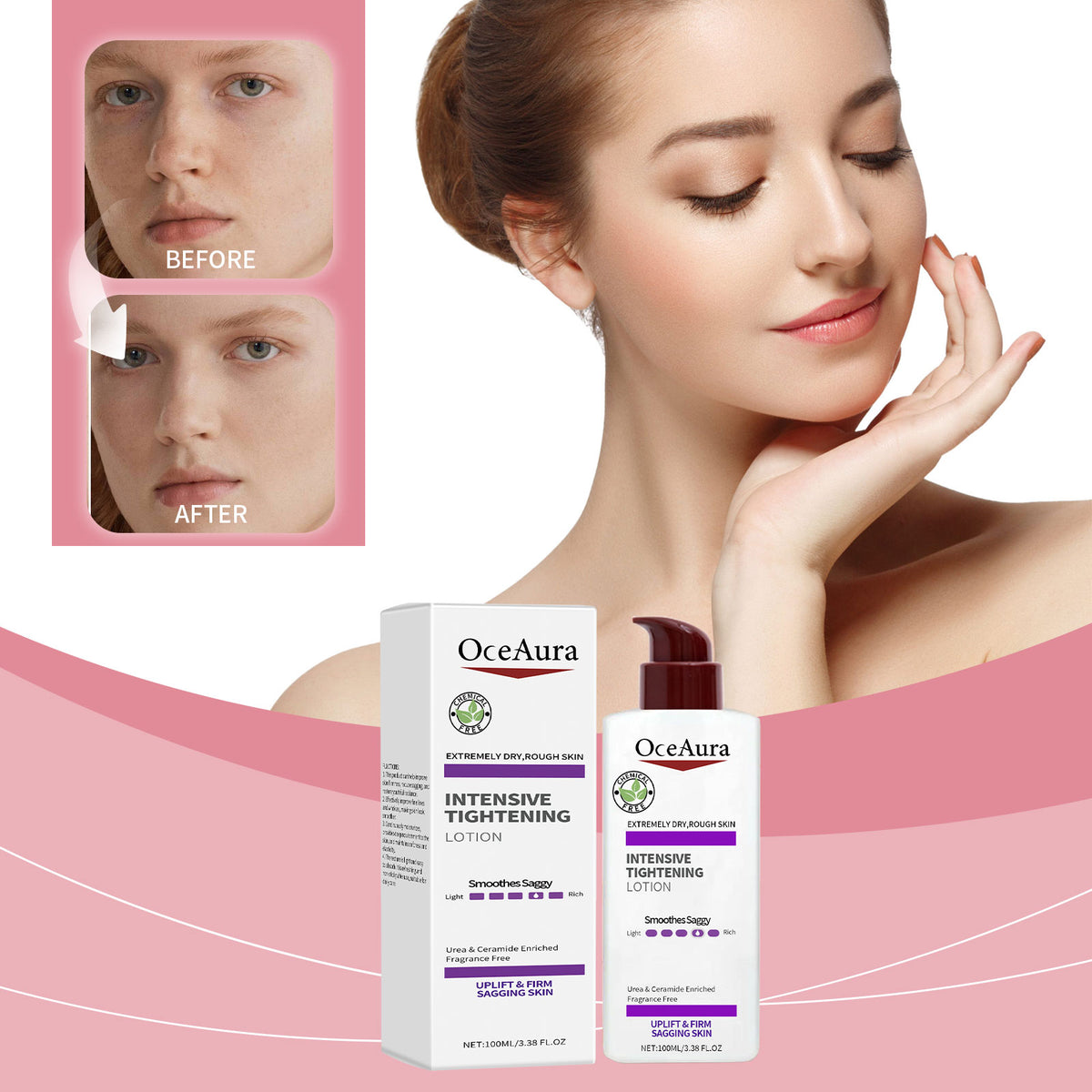 OceAura Intensive Tightening Lotion in a white pump bottle with purple accents, alongside its matching product box.