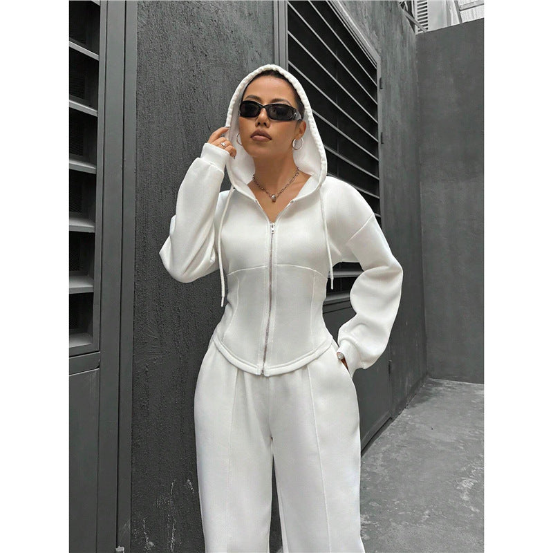 Eprolo relaxed hooded zip-up top and wide-leg trousers two-piece set, casual loungewear with hood and zip detail.