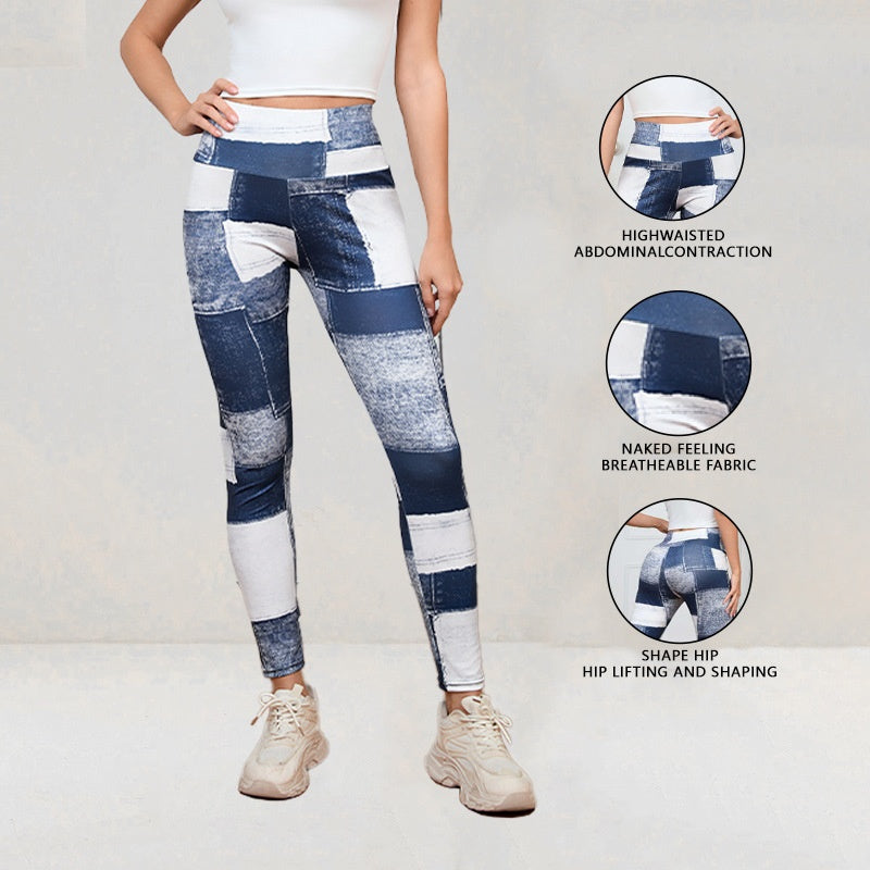 FitiqueFit plaid peach print high-waist yoga leggings with tummy control, slim fit fitness leggings for workout and casual wear.