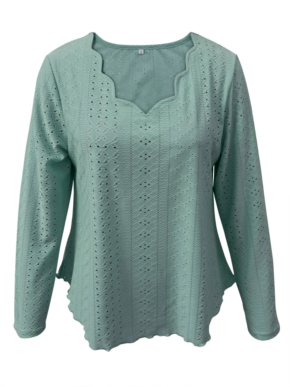 Elegant women's eyelet long sleeve blouse from Plush Fashion Hub, featuring a versatile stretchy office top design with intricate eyelet details.