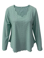Elegant women's eyelet long sleeve blouse from Plush Fashion Hub, featuring a versatile stretchy office top design with intricate eyelet details.
