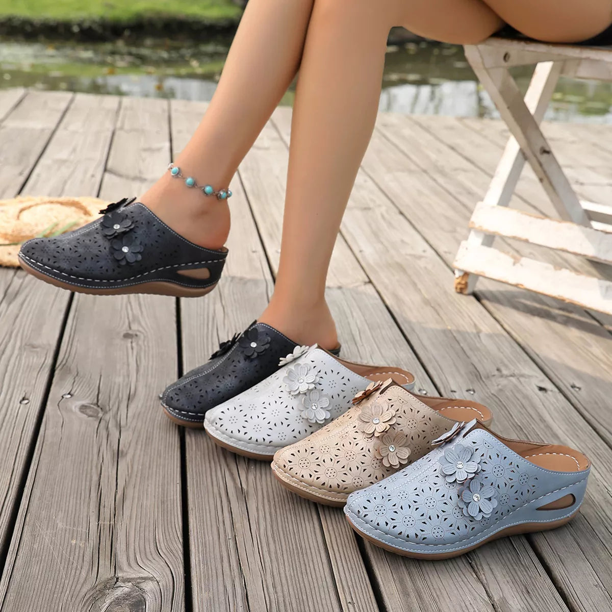 Plush Fashion Hub floral decor round toe sandals with colorful floral accents and comfortable strap design.