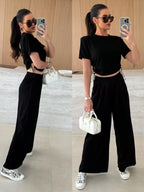 Drawstring Crop Top and Wide-Leg Pants Set