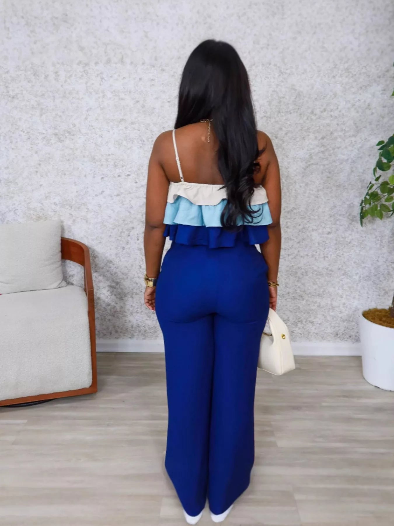 Layered ruffle crop top and matching pants set from Plush Fashion Hub, stylish two-piece outfit with feminine ruffle details.