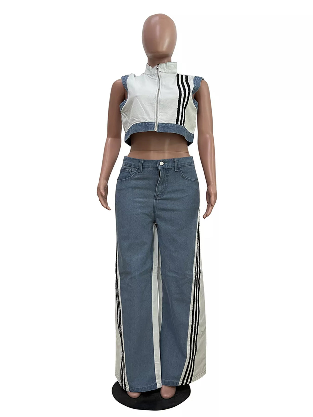 Shopimist zip front crop top and striped pants set, featuring a stylish crop top with zipper and matching striped pants.