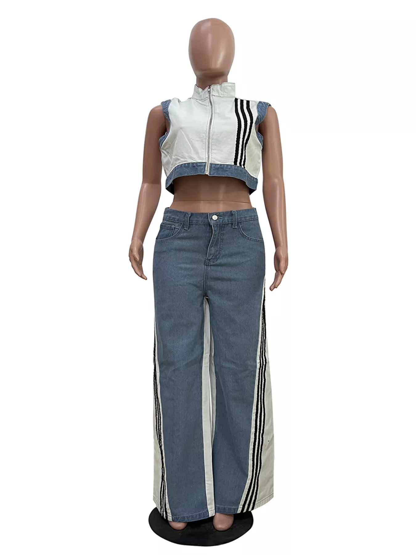 Shopimist zip front crop top and striped pants set, featuring a stylish crop top with zipper and matching striped pants.