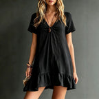 Women's V-neck short-sleeve midi dress by FitiqueFit in ice silk crepe, loose casual style, shown in a relaxed fit.
