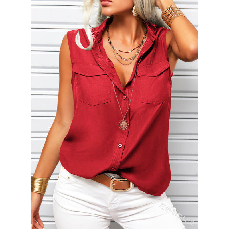 Women's sleeveless top with lapel collar, loose fit, and pockets by Plush Fashion Hub, solid color, showcasing front view.
