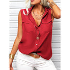 Women's sleeveless top with lapel collar, loose fit, and pockets by Plush Fashion Hub, solid color, showcasing front view.