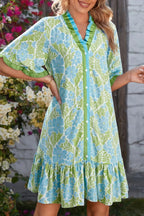 Floral print ruffle hem button-up mini dress from Plush Fashion Hub, featuring a flowy silhouette and vibrant floral details.