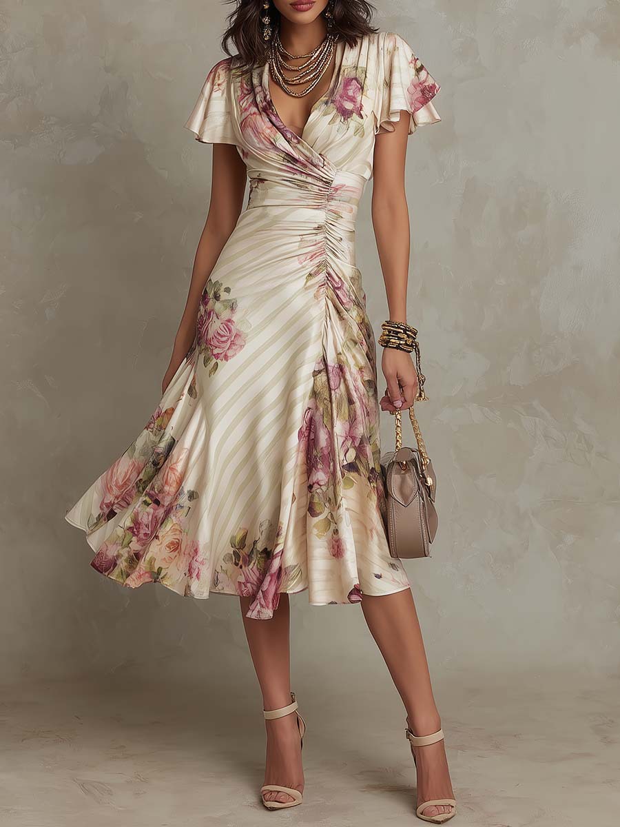 Plush Fashion Hub ruffled hem maxi dress with V-neck satin fabric and color block design, featuring an A-line silhouette.
