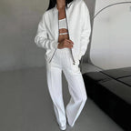 Women’s 2-piece zip-up sweatsuit set with jacket and wide-leg sweatpants by Plush Fashion Hub, casualwear for comfortable style.