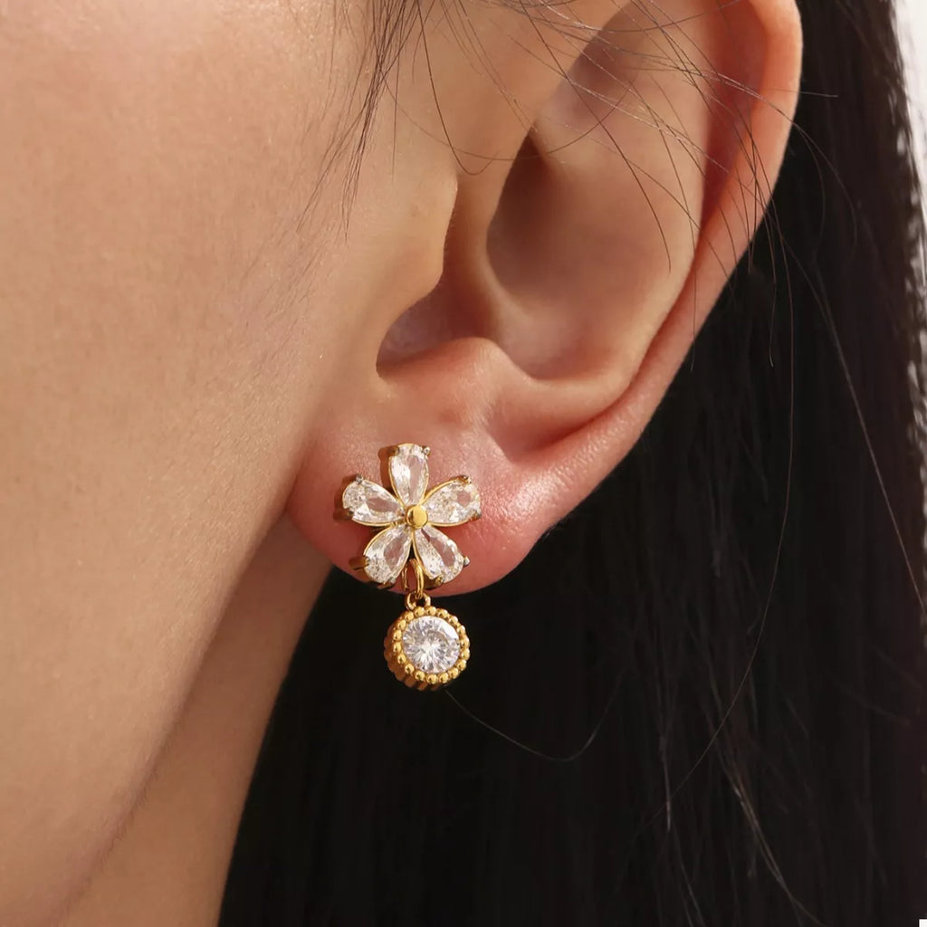 18K gold-plated stainless steel zircon flower drop earrings with delicate petal design and sparkling gemstone accents