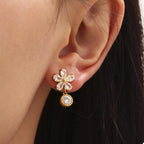 18K gold-plated stainless steel zircon flower drop earrings with delicate petal design and sparkling gemstone accents