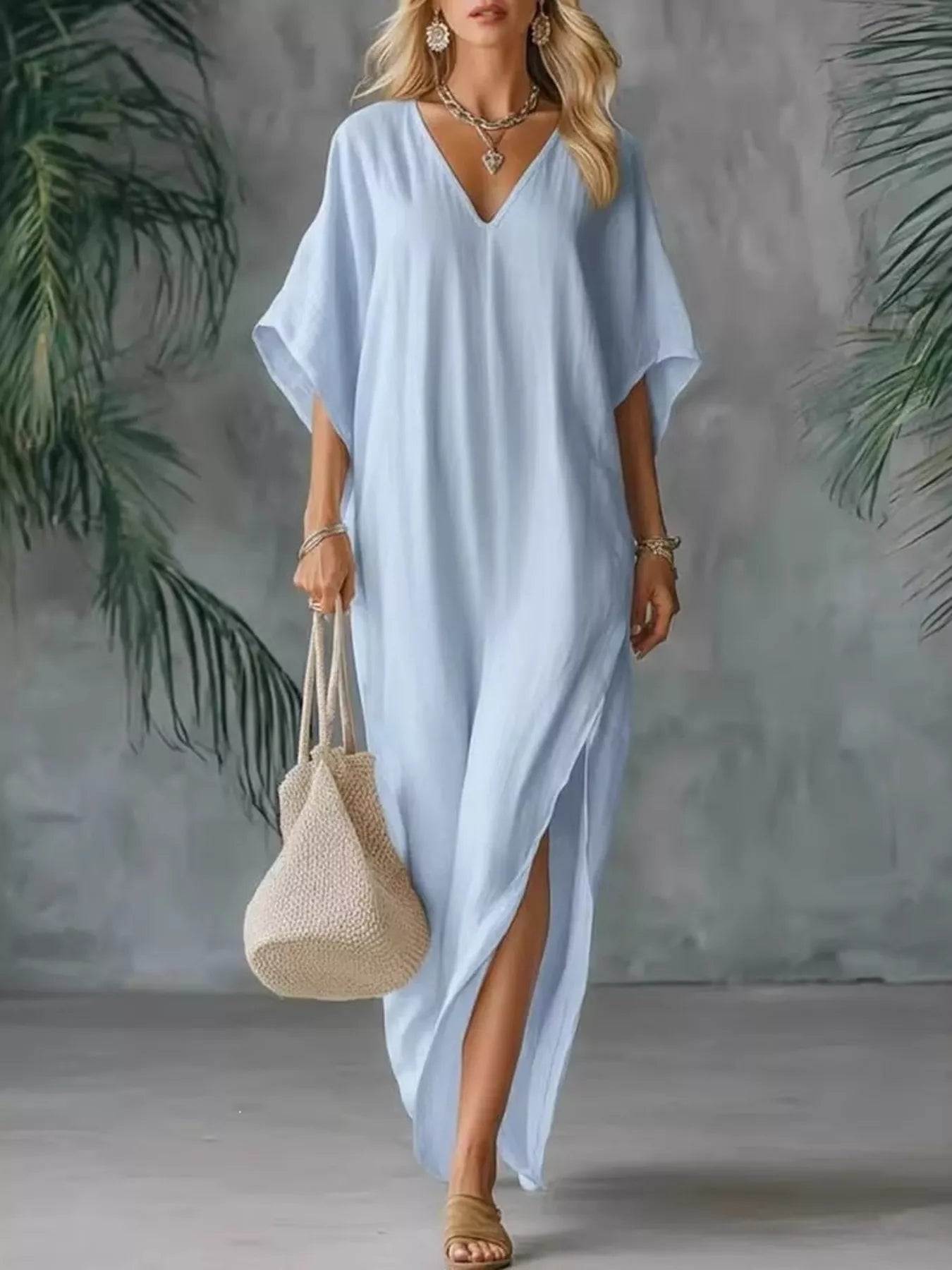 Plush Fashion Hub plus size V-neck maxi dress with side slits, full-length, flowing fabric, stylish and comfortable for plus size women.
