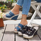 Shopimist buckle open toe wedge sandals with ankle straps, featuring a stylish design and comfortable platform for summer wear.