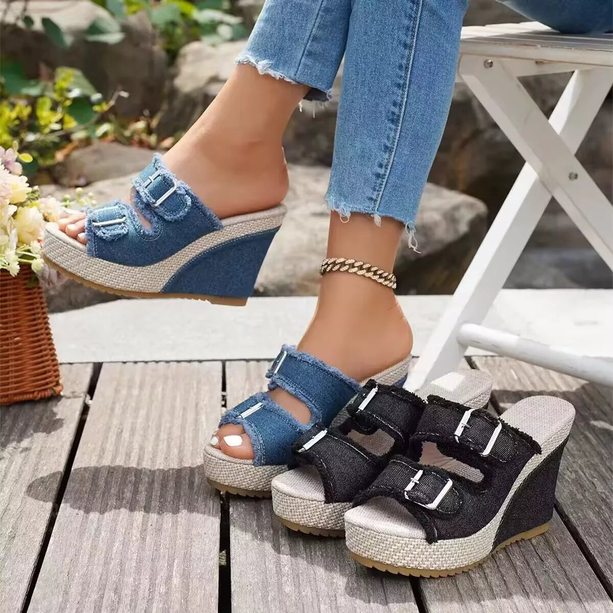 Plush Fashion Hub buckle open toe wedge sandals with ankle strap and chunky heel, stylish summer footwear.