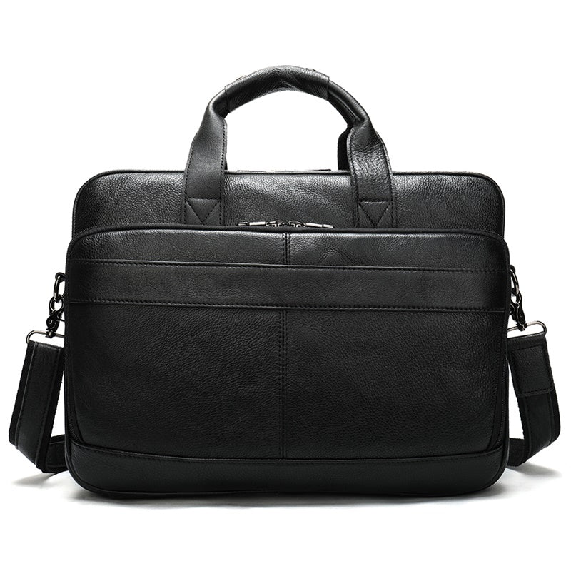Men's briefcase handbag by Plush Fashion Hub, featuring sleek black leather with sturdy handles and a secure buckle closure.