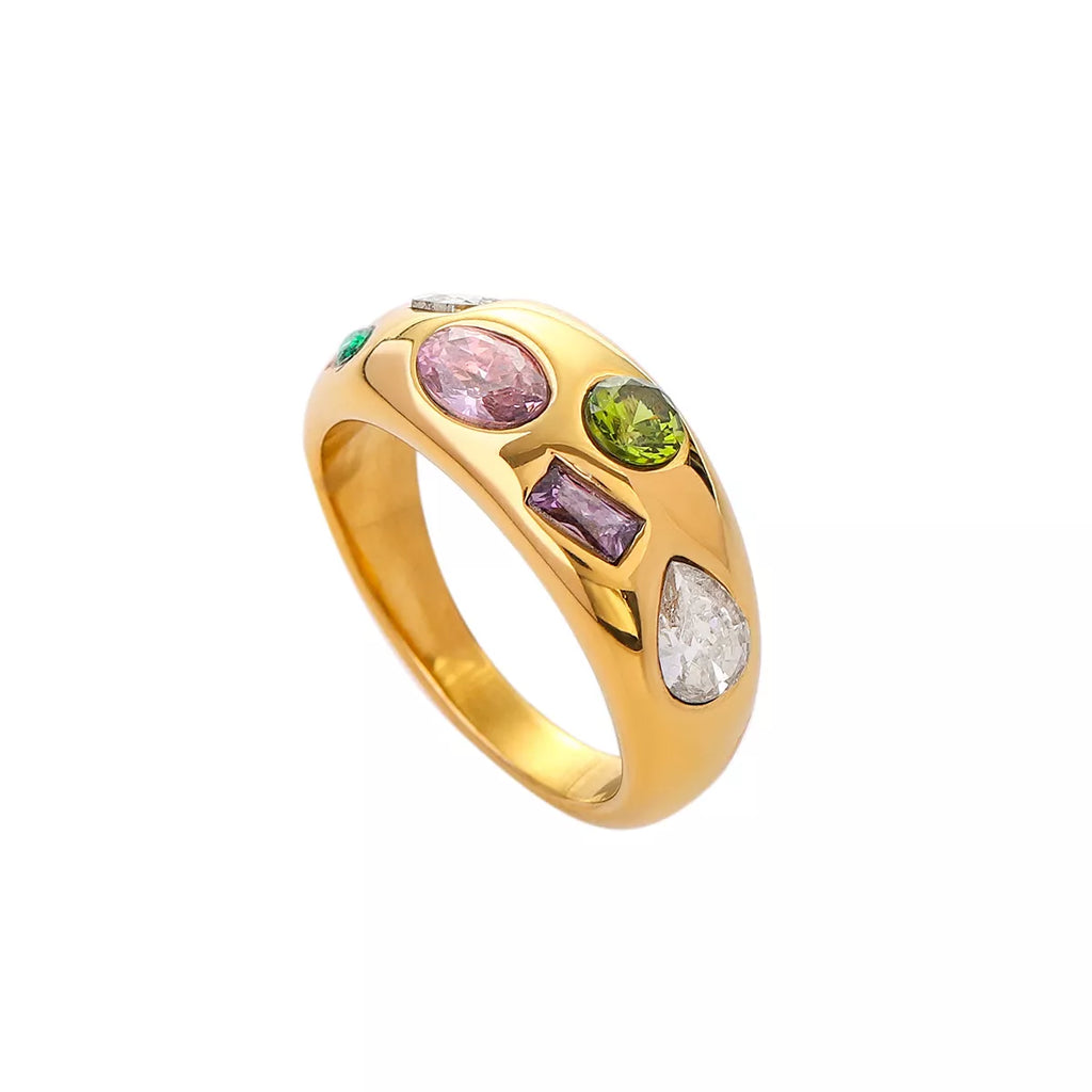 18K gold-plated colorful zircon ring showcasing vibrant gemstones and a sleek band design.