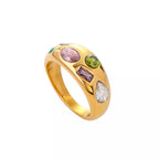 18K gold-plated colorful zircon ring showcasing vibrant gemstones and a sleek band design.