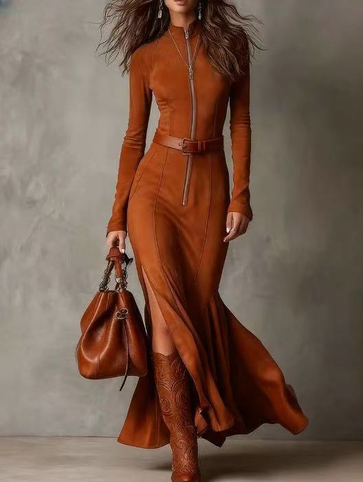 Women's suede velvet zip-front fishtail maxi dress with long sleeves, high waist, and mermaid hem by Plush Fashion Hub.
