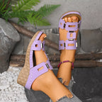 Open toe wedge sandals by Shopimist featuring tan straps and cork wedge heel, perfect for summer casual wear.