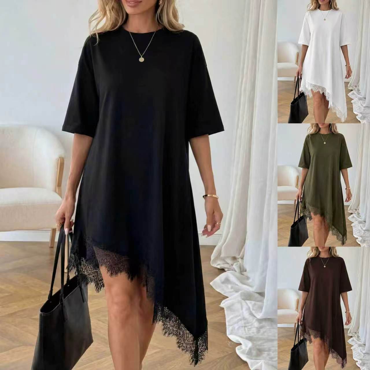 Women's lace trim asymmetric three-quarter sleeve dress by Plush Fashion Hub, shown in a stylish, elegant design on model.