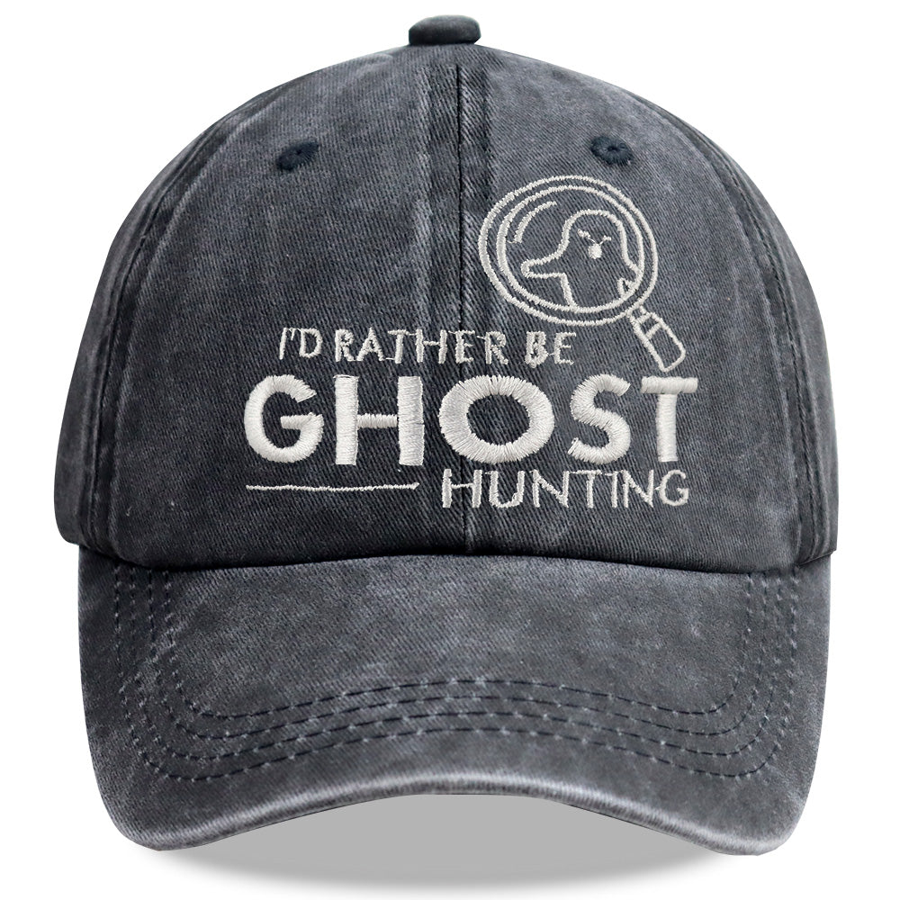 Washed baseball cap with "I'd Rather Be Ghost Hunting" embroidered design, vintage style, casual fit, by FitiqueFit.