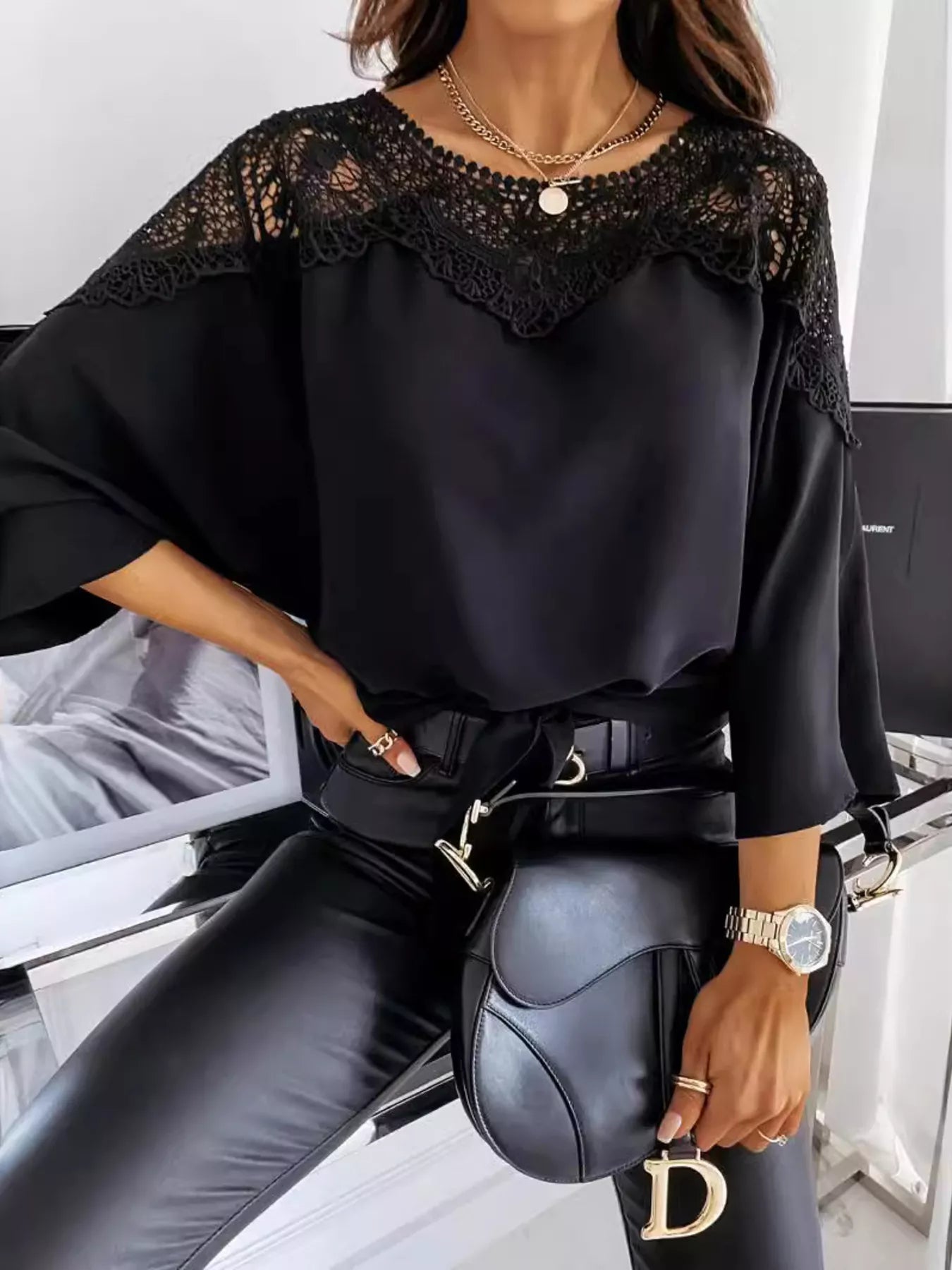 Shopimist lace trim long sleeve blouse featuring a delicate lace neckline and elegant long sleeves.
